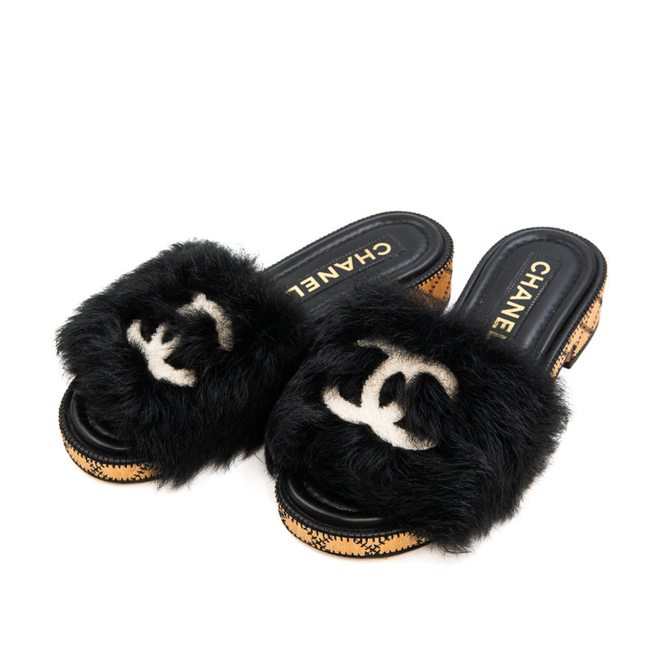 Chanel Coco Mark Black Fur & Leather Slide Sandals with White CC Logo