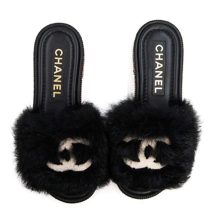 Chanel Coco Mark Black Fur & Leather Slide Sandals with White CC Logo