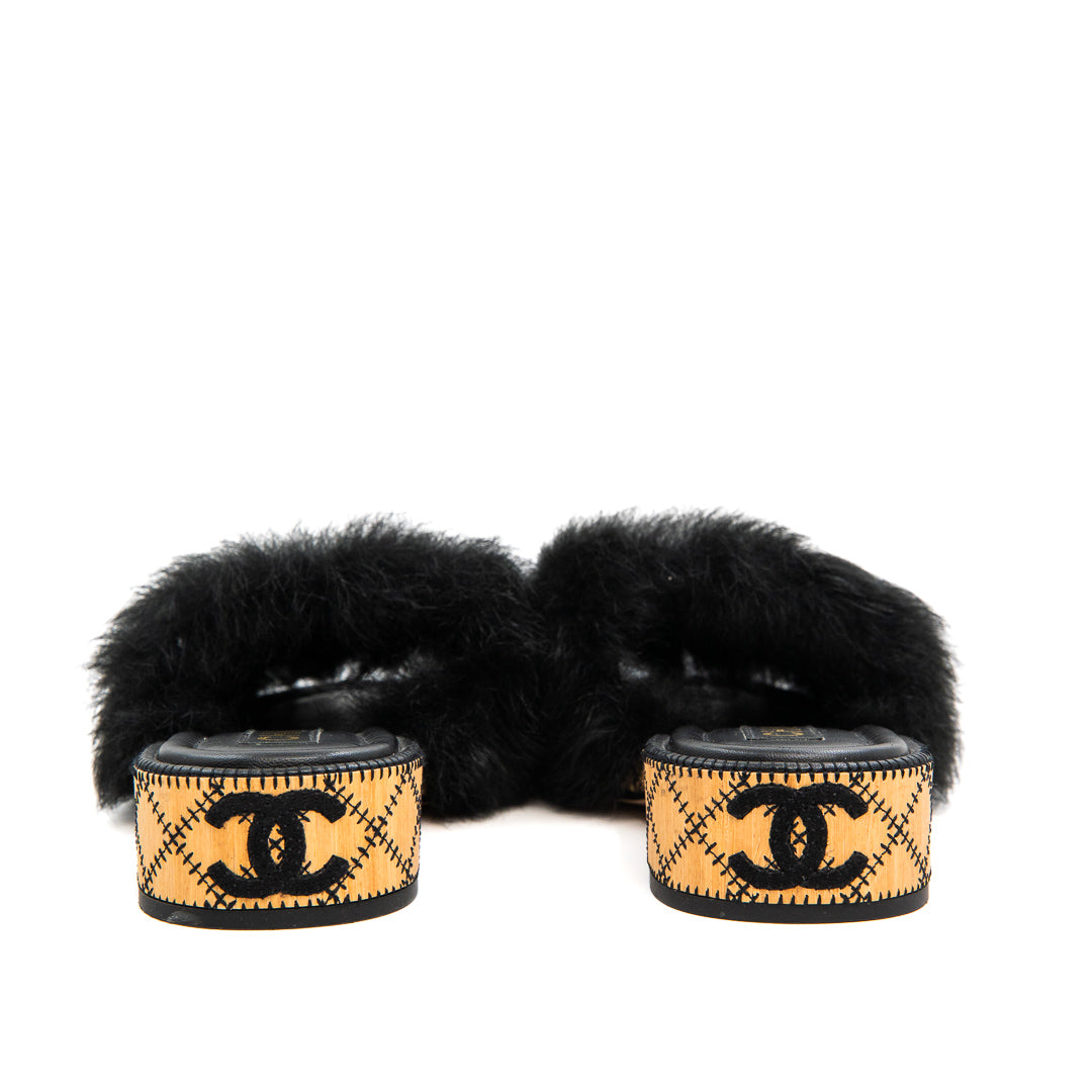 Chanel Coco Mark Black Fur & Leather Slide Sandals with White CC Logo