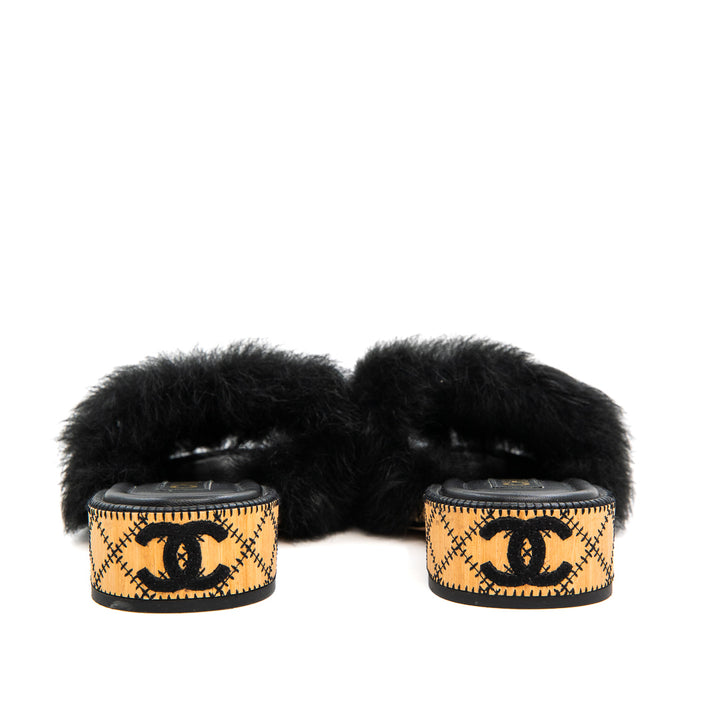 Chanel Coco Mark Black Fur & Leather Slide Sandals with White CC Logo