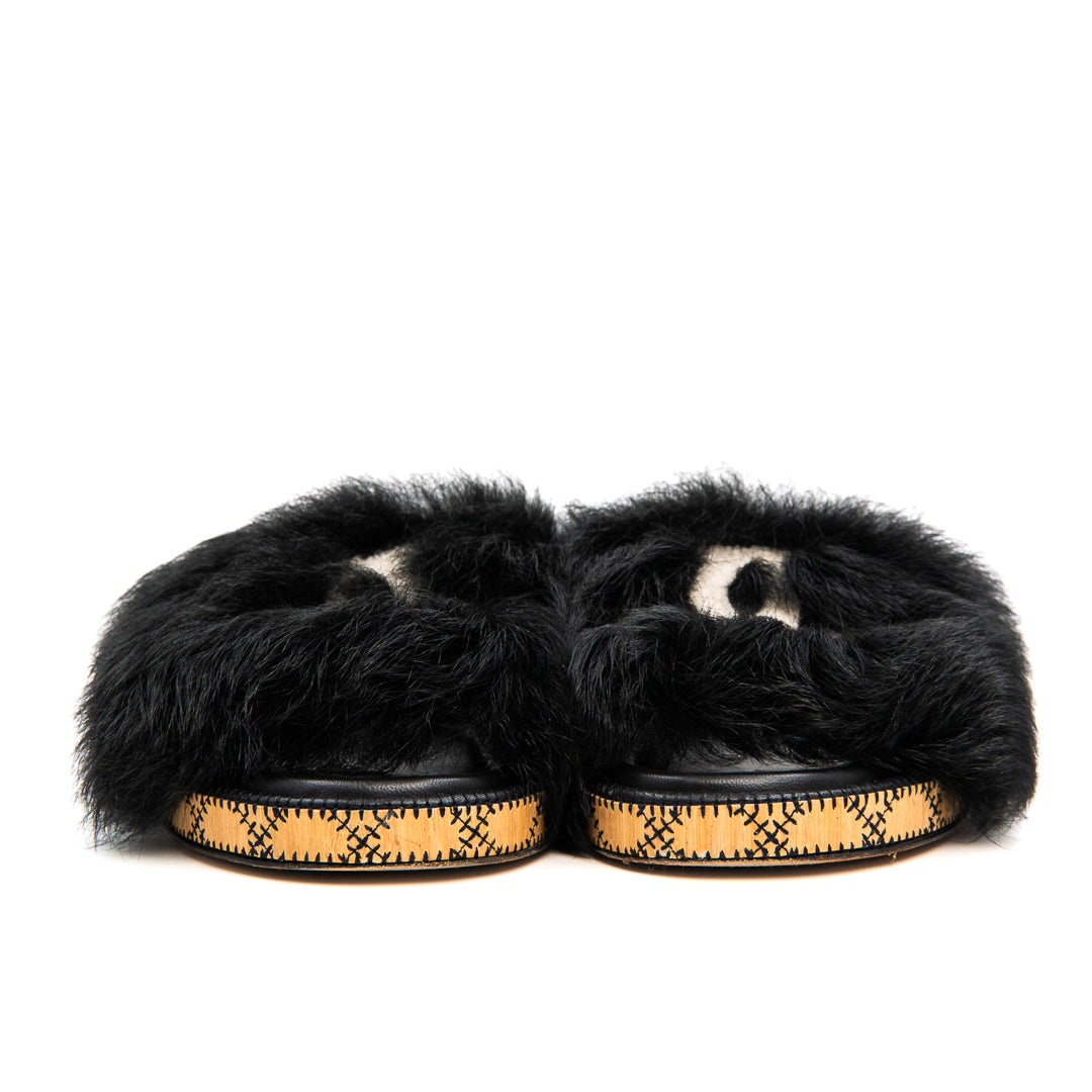 Chanel Coco Mark Black Fur & Leather Slide Sandals with White CC Logo