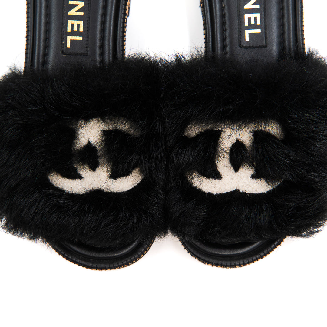 Chanel Coco Mark Black Fur & Leather Slide Sandals with White CC Logo