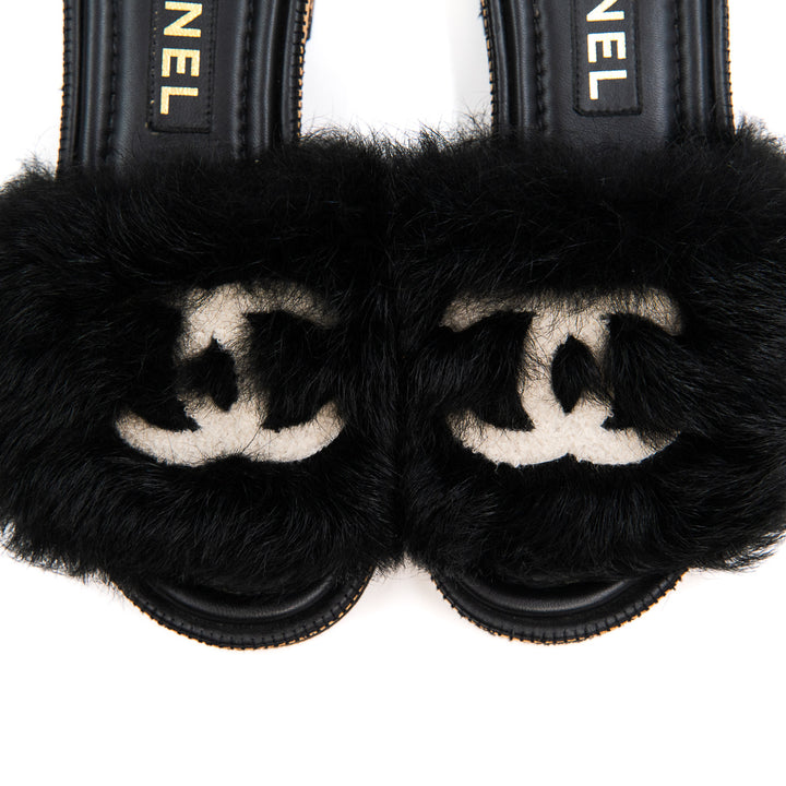 Chanel Coco Mark Black Fur & Leather Slide Sandals with White CC Logo