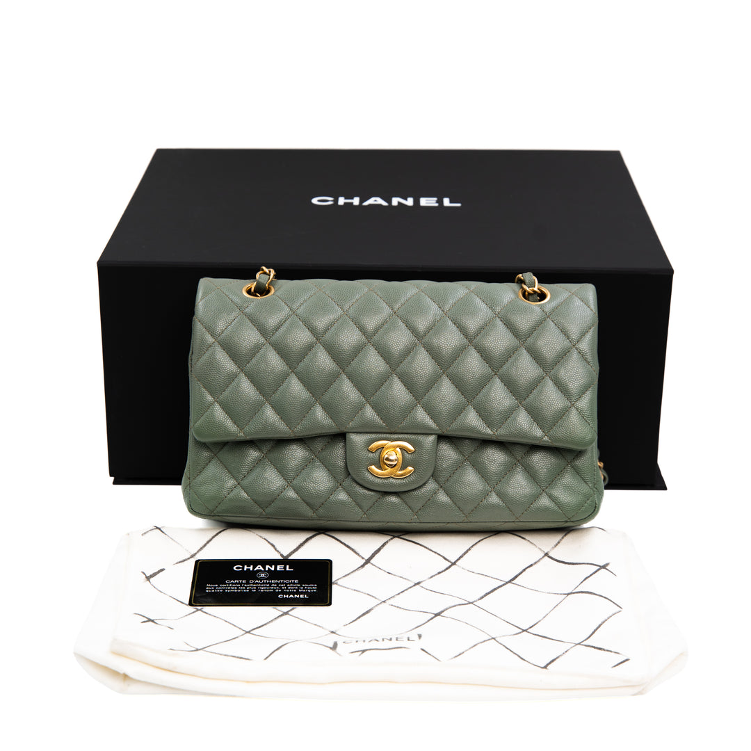 CHANEL Classic Medium Double Flap Bag in Shiny Glazed Green Caviar Leather with Gold Hardware