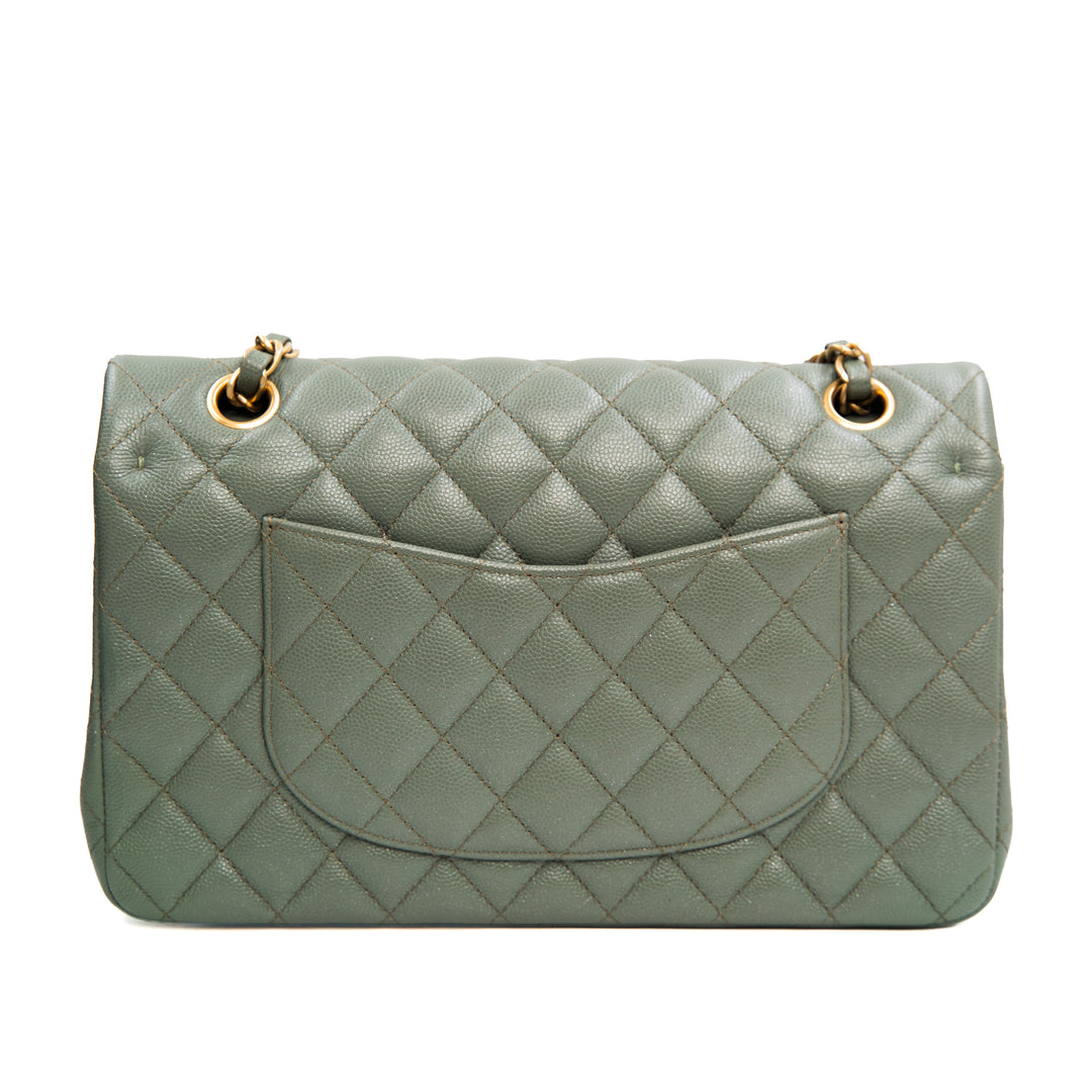 CHANEL Classic Medium Double Flap Bag in Shiny Glazed Green Caviar Leather with Gold Hardware