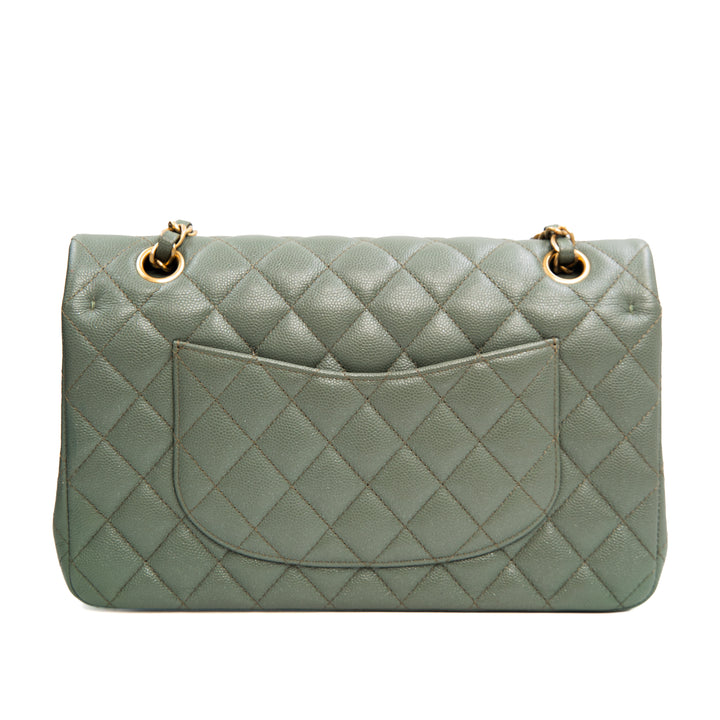 CHANEL Classic Medium Double Flap Bag in Shiny Glazed Green Caviar Leather with Gold Hardware