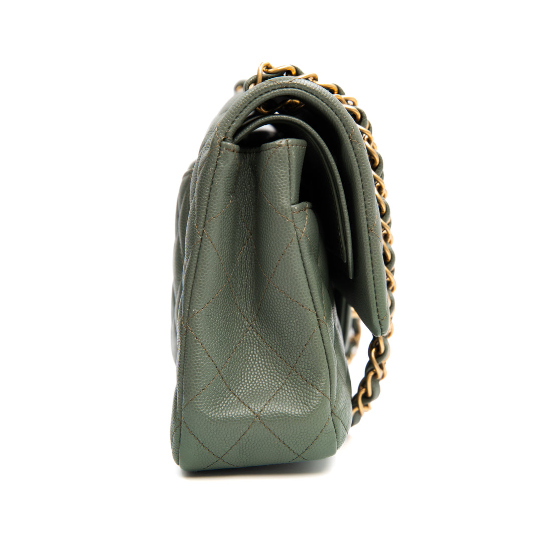 CHANEL Classic Medium Double Flap Bag in Shiny Glazed Green Caviar Leather with Gold Hardware