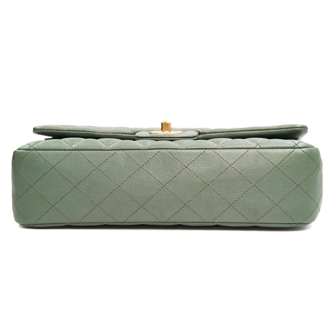 CHANEL Classic Medium Double Flap Bag in Shiny Glazed Green Caviar Leather with Gold Hardware
