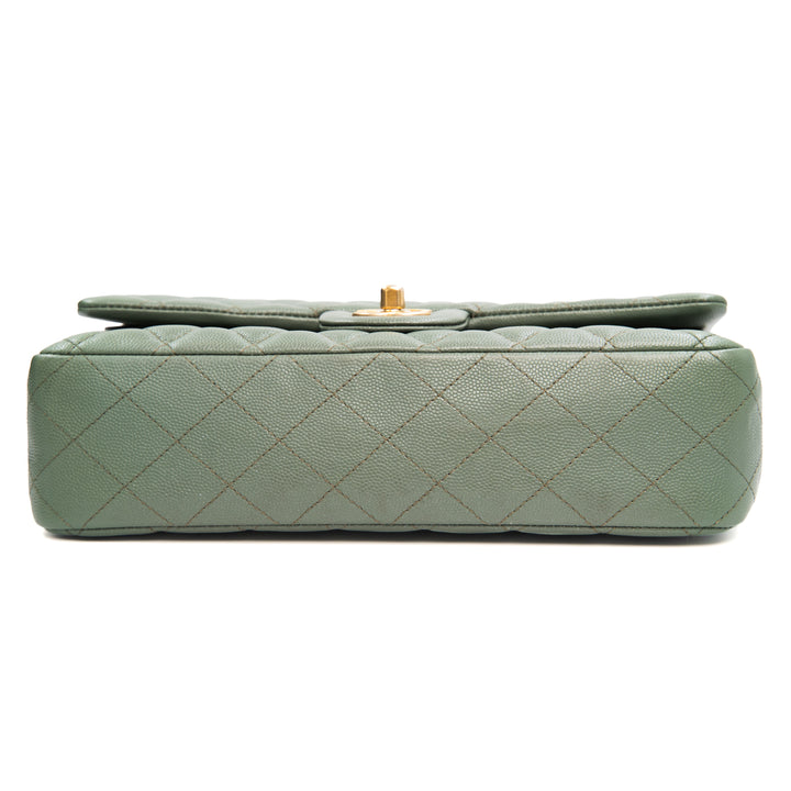 CHANEL Classic Medium Double Flap Bag in Shiny Glazed Green Caviar Leather with Gold Hardware