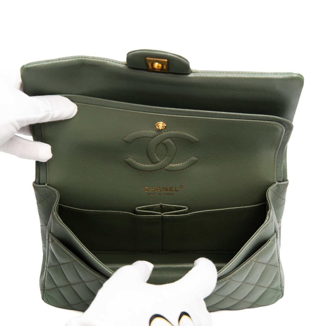 CHANEL Classic Medium Double Flap Bag in Shiny Glazed Green Caviar Leather with Gold Hardware