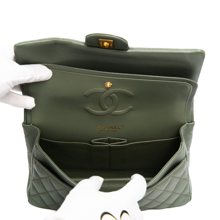 CHANEL Classic Medium Double Flap Bag in Shiny Glazed Green Caviar Leather with Gold Hardware