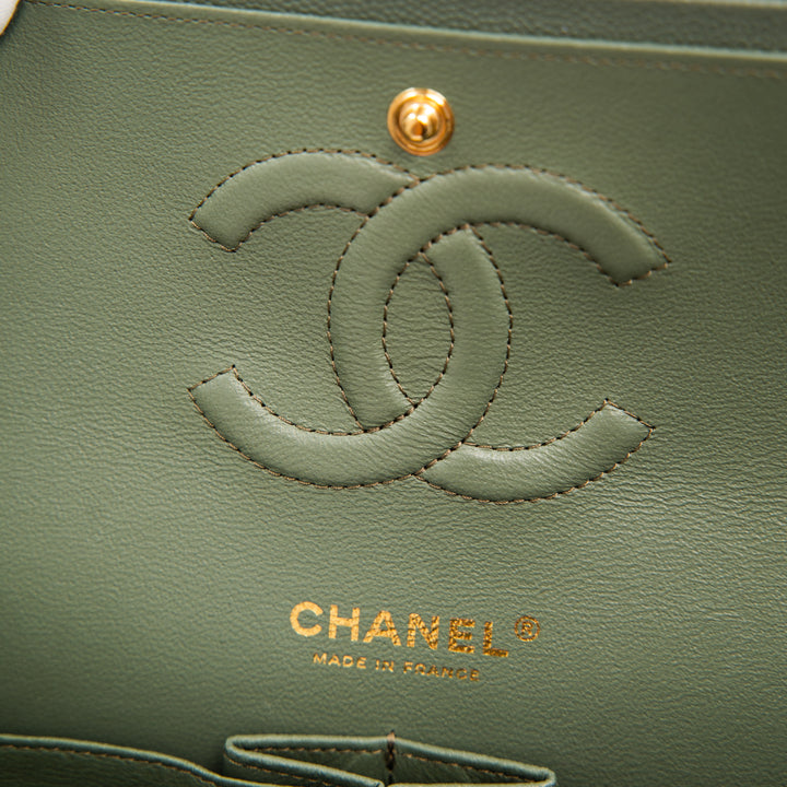 CHANEL Classic Medium Double Flap Bag in Shiny Glazed Green Caviar Leather with Gold Hardware