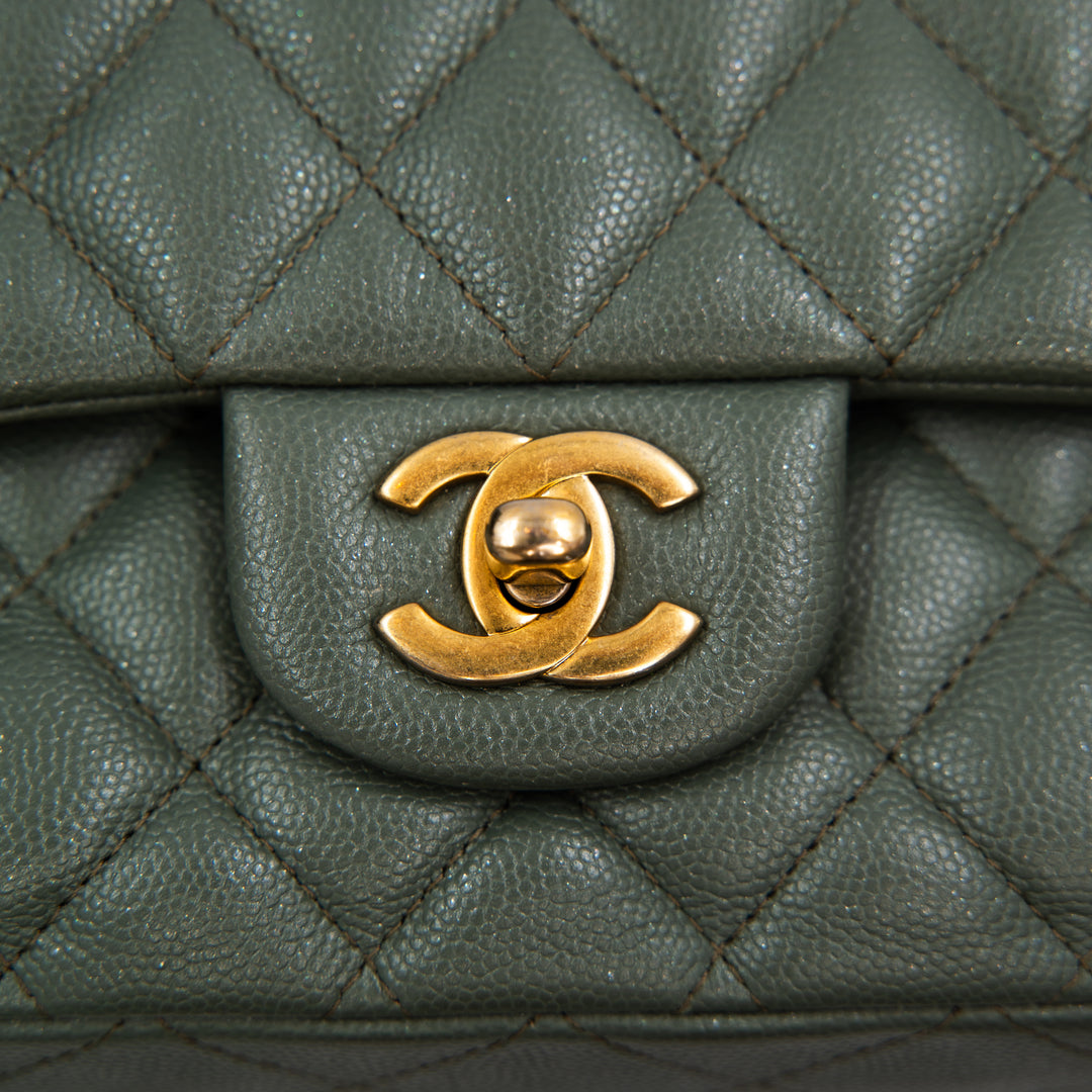 CHANEL Classic Medium Double Flap Bag in Shiny Glazed Green Caviar Leather with Gold Hardware