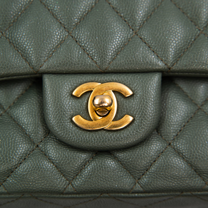 CHANEL Classic Medium Double Flap Bag in Shiny Glazed Green Caviar Leather with Gold Hardware