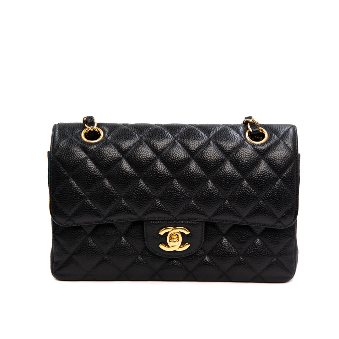 Chanel Classic Small Double Flap Handbag in Black Caviar Leather with Gold Hardware