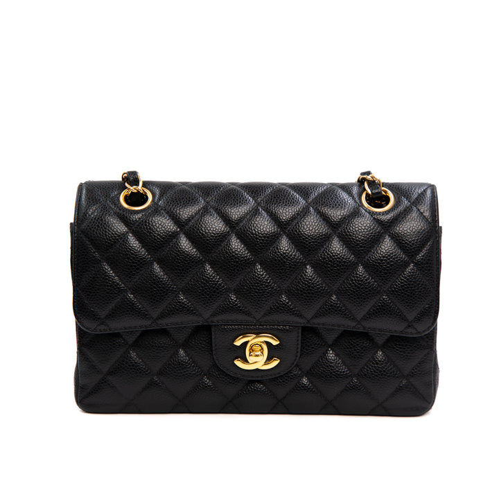 Chanel Classic Small Double Flap Handbag in Black Caviar Leather with Gold Hardware