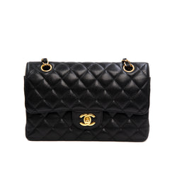 Chanel Classic Small Double Flap Handbag in Black Caviar Leather with Gold Hardware