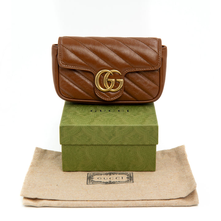 Gucci GG Marmont Super Mini Crossbody Bag in Brown Diagonal Matelassé Leather