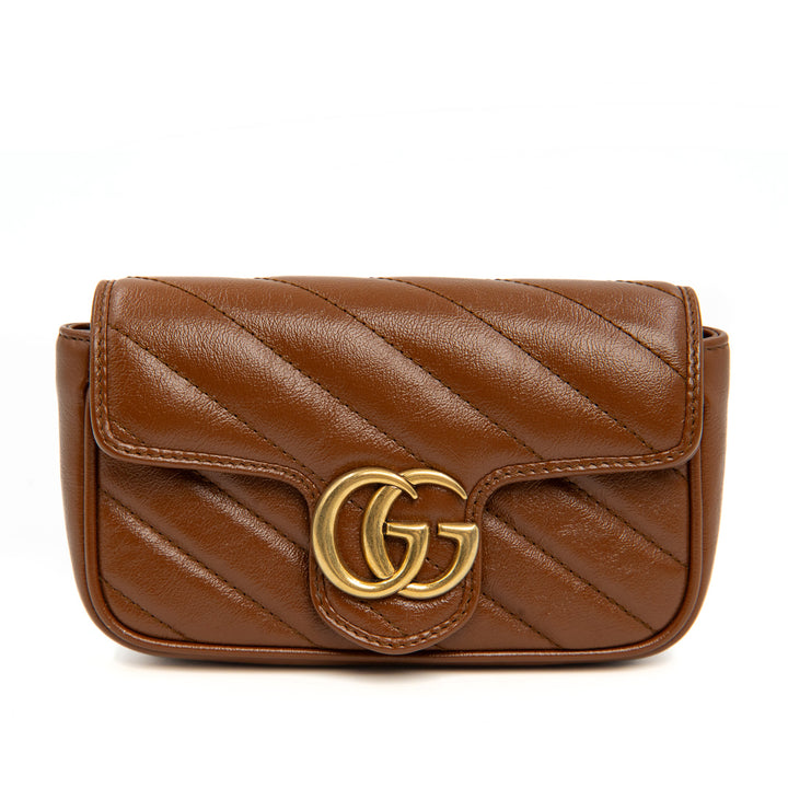 Gucci GG Marmont Super Mini Crossbody Bag in Brown Diagonal Matelassé Leather