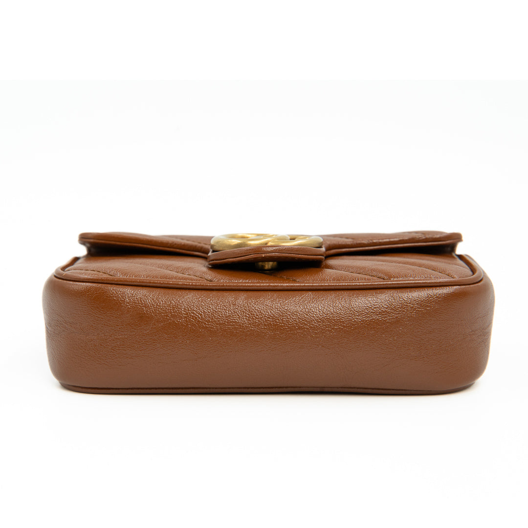 Gucci GG Marmont Super Mini Crossbody Bag in Brown Diagonal Matelassé Leather