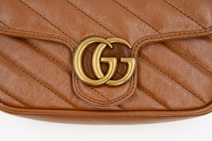Gucci GG Marmont Super Mini Crossbody Bag in Brown Diagonal Matelassé Leather