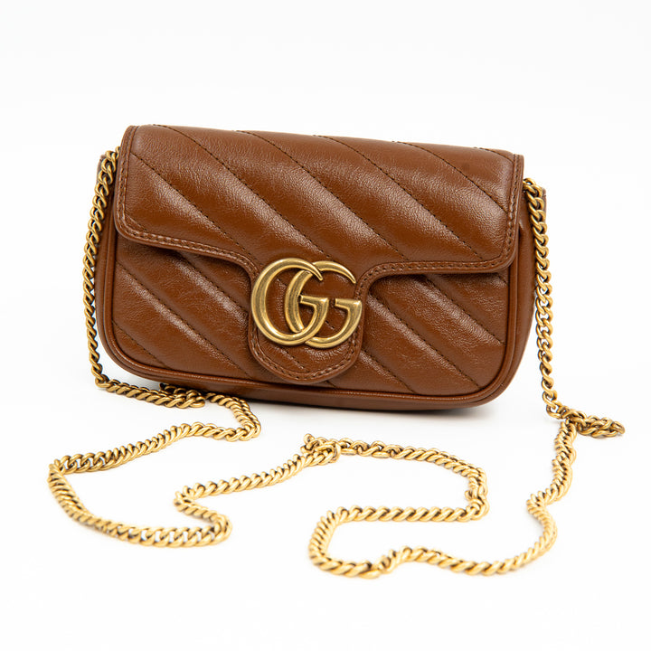 Gucci GG Marmont Super Mini Crossbody Bag in Brown Diagonal Matelassé Leather