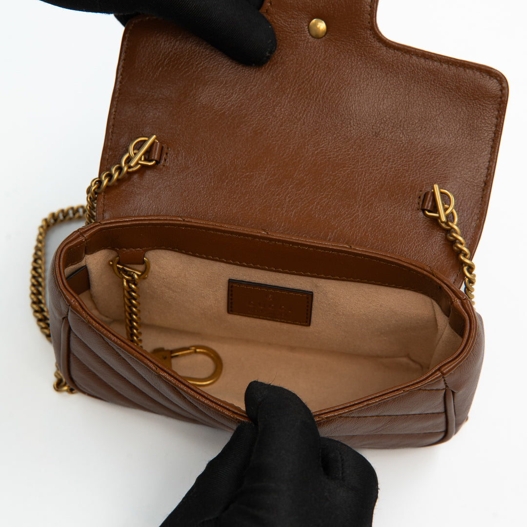 Gucci GG Marmont Super Mini Crossbody Bag in Brown Diagonal Matelassé Leather