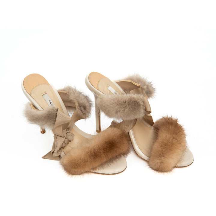 Olgana Paris L'Aventurière Mules in Beige Leather with Mink Fur Trim