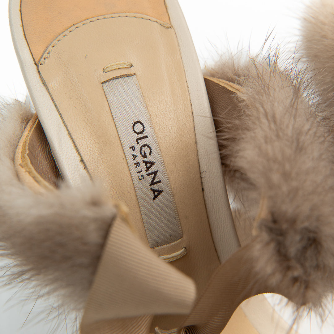 Olgana Paris L'Aventurière Mules in Beige Leather with Mink Fur Trim