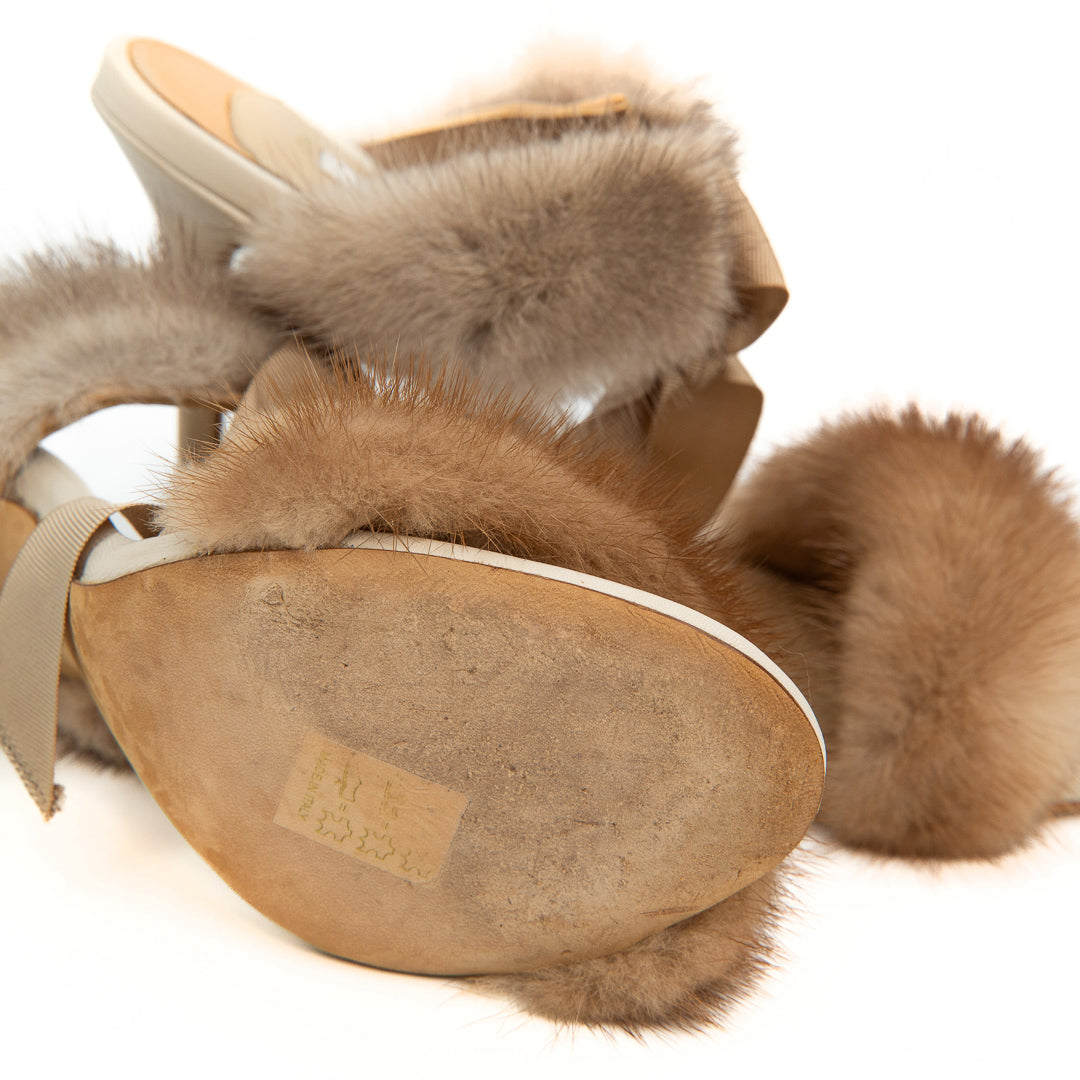 Olgana Paris L'Aventurière Mules in Beige Leather with Mink Fur Trim