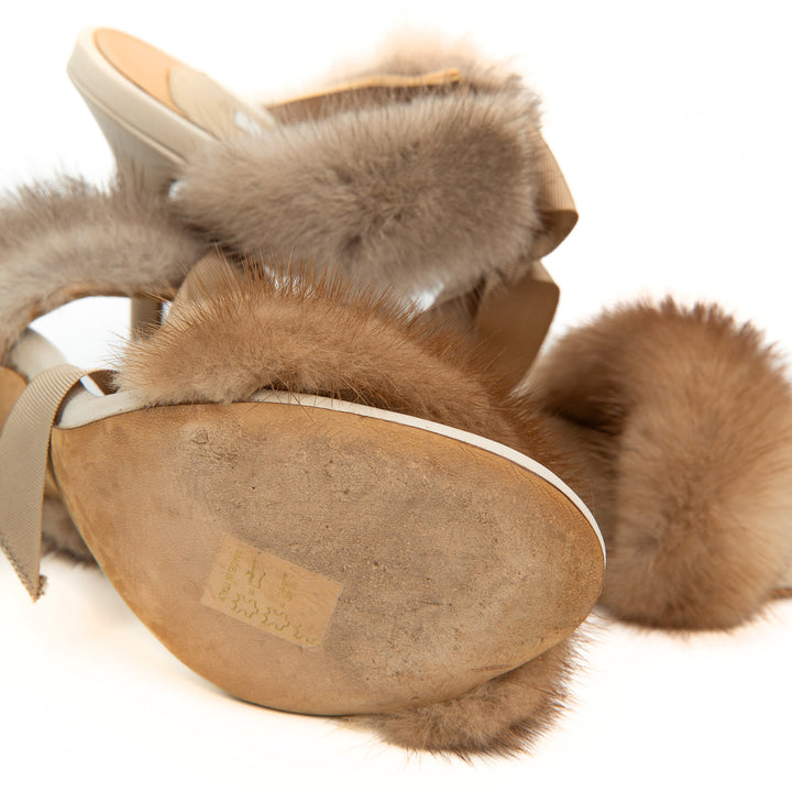 Olgana Paris L'Aventurière Mules in Beige Leather with Mink Fur Trim