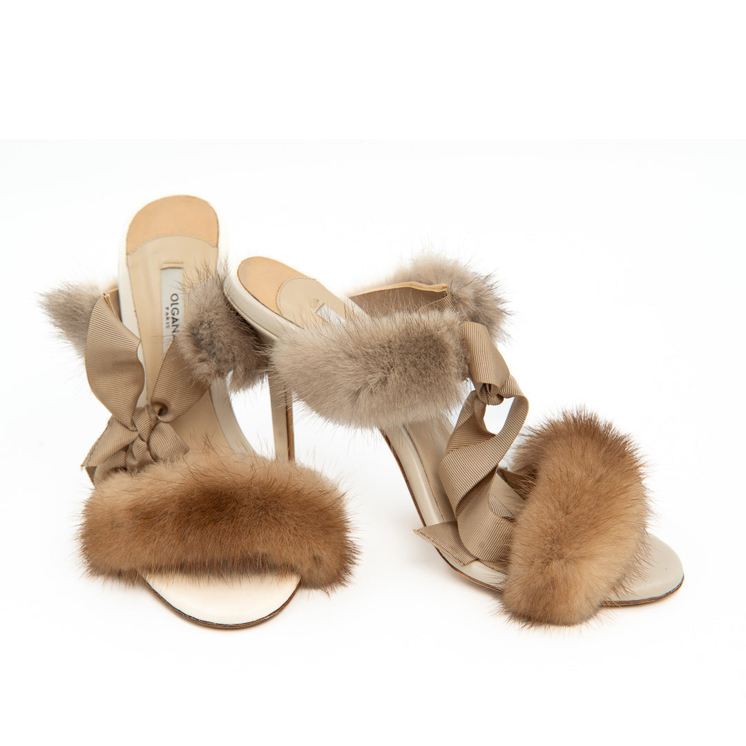 Olgana Paris L'Aventurière Mules in Beige Leather with Mink Fur Trim