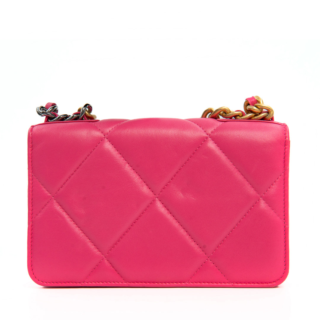 Chanel 19 Wallet on Chain in Pink Quilted Lambskin Leather with Mixed Gold Silver and Ruthenium Tone Hardware