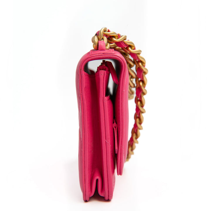 Chanel 19 Wallet on Chain in Pink Quilted Lambskin Leather with Mixed Gold Silver and Ruthenium Tone Hardware