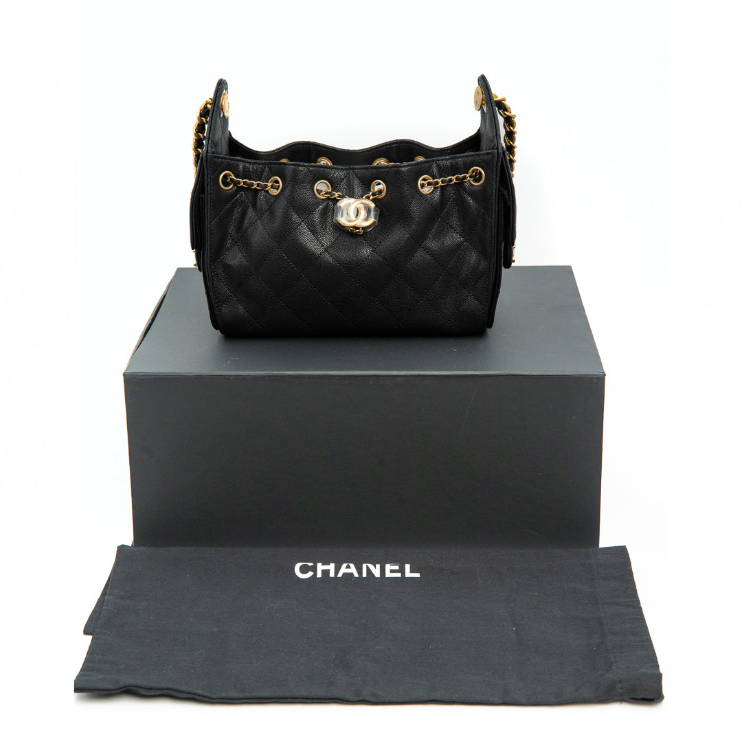 Chanel 25 Mini Handbag in Black Grained Calfskin with Gold Tone Hardware