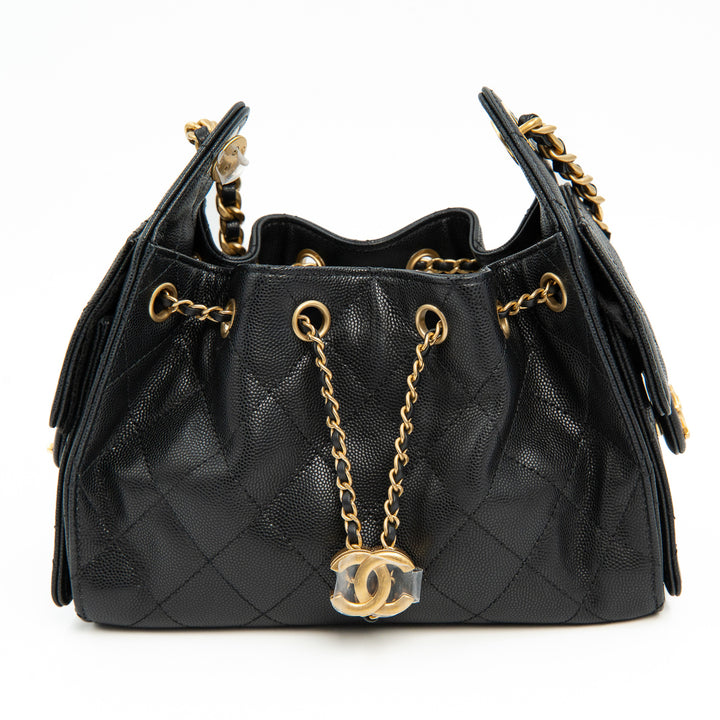 Chanel 25 Mini Handbag in Black Grained Calfskin with Gold Tone Hardware