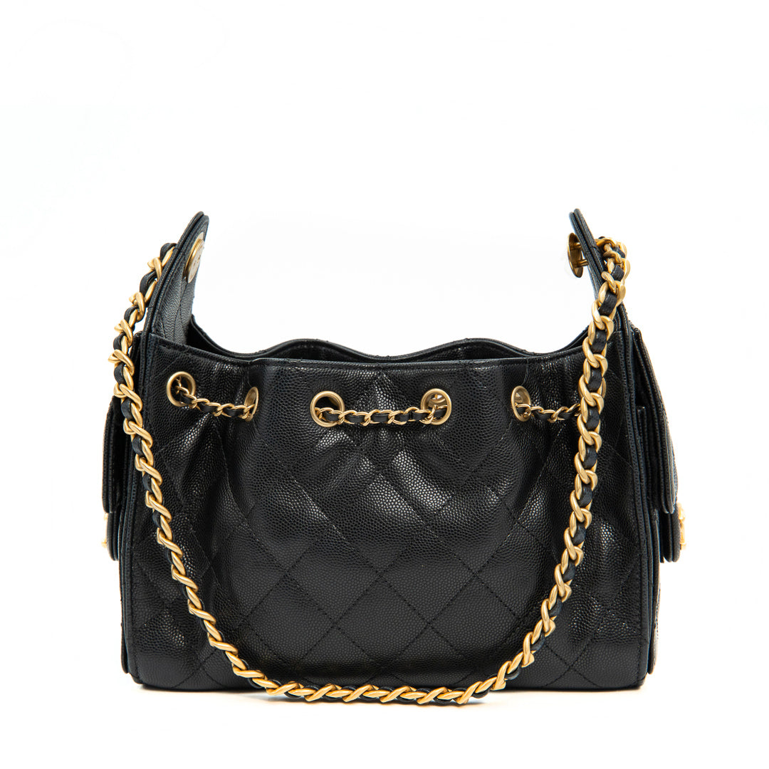 Chanel 25 Mini Handbag in Black Grained Calfskin with Gold Tone Hardware