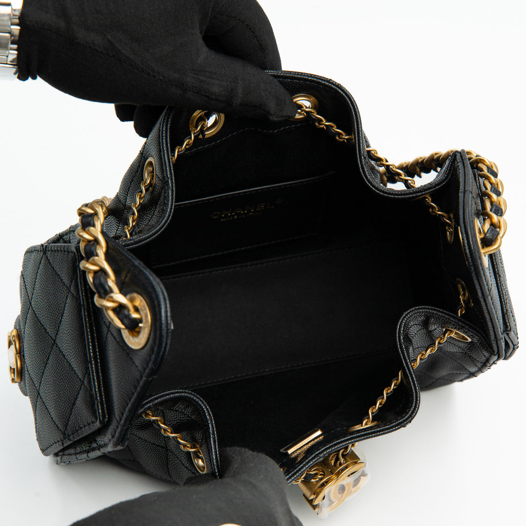 Chanel 25 Mini Handbag in Black Grained Calfskin with Gold Tone Hardware