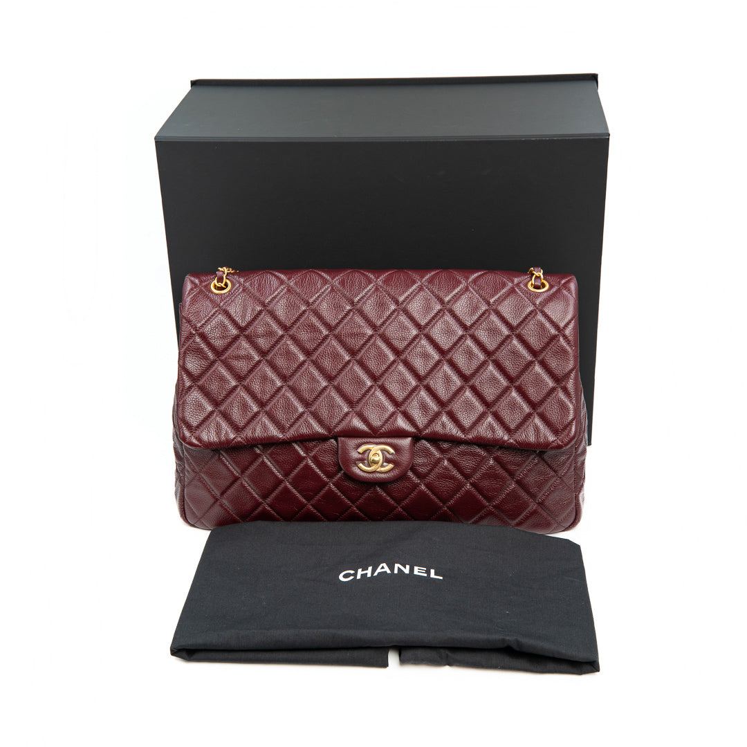 Chanel XXL Travel Flap Bag in Burgundy Grained Calfskin with Gold Hardware