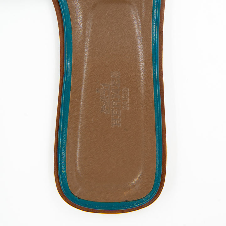 Hermès Oran Flat Slides in Teal Patent Patent Leather