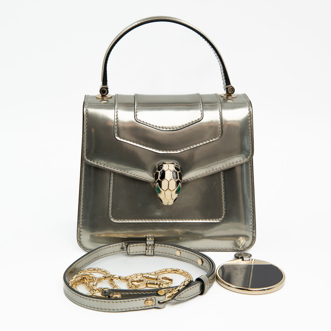 Bulgari Serpenti Forever Top Handle Bag in Metallic Silver Calfskin Leather