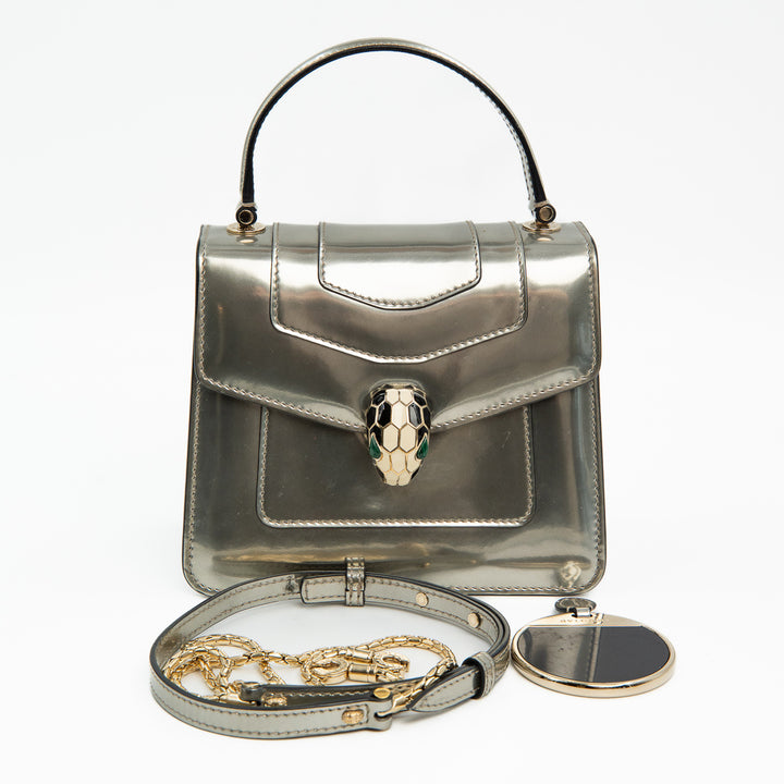 Bulgari Serpenti Forever Top Handle Bag in Metallic Silver Calfskin Leather