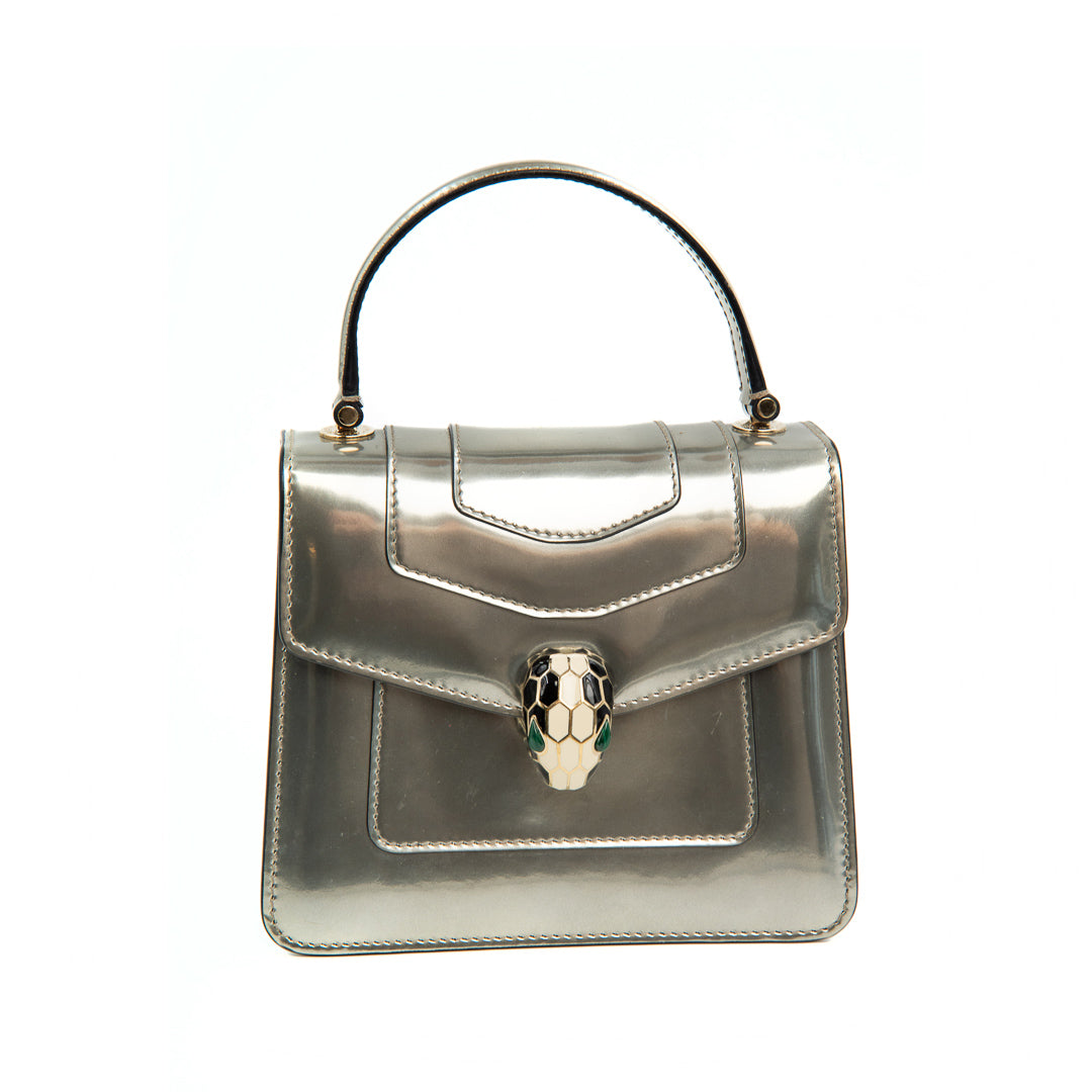 Bulgari Serpenti Forever Top Handle Bag in Metallic Silver Calfskin Leather