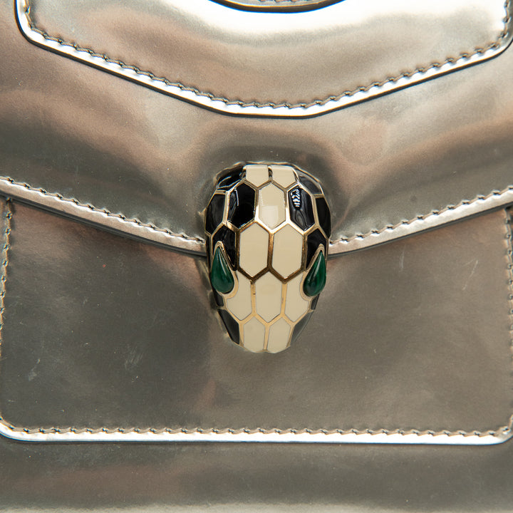 Bulgari Serpenti Forever Top Handle Bag in Metallic Silver Calfskin Leather
