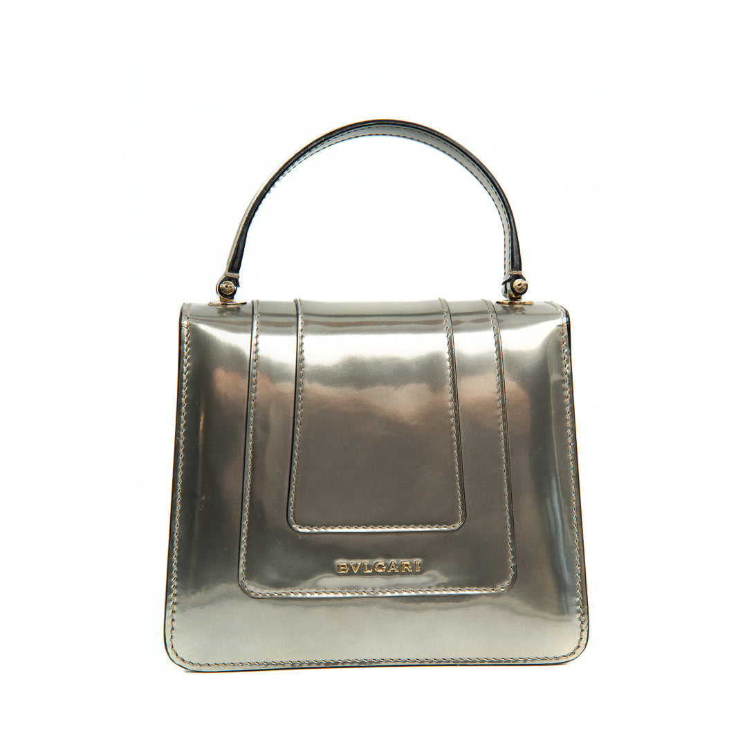 Bulgari Serpenti Forever Top Handle Bag in Metallic Silver Calfskin Leather