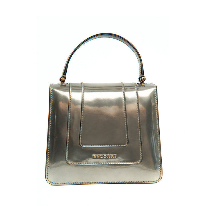 Bulgari Serpenti Forever Top Handle Bag in Metallic Silver Calfskin Leather