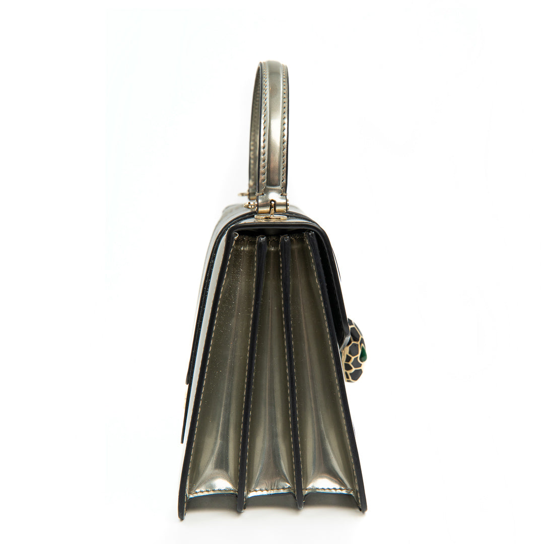 Bulgari Serpenti Forever Top Handle Bag in Metallic Silver Calfskin Leather