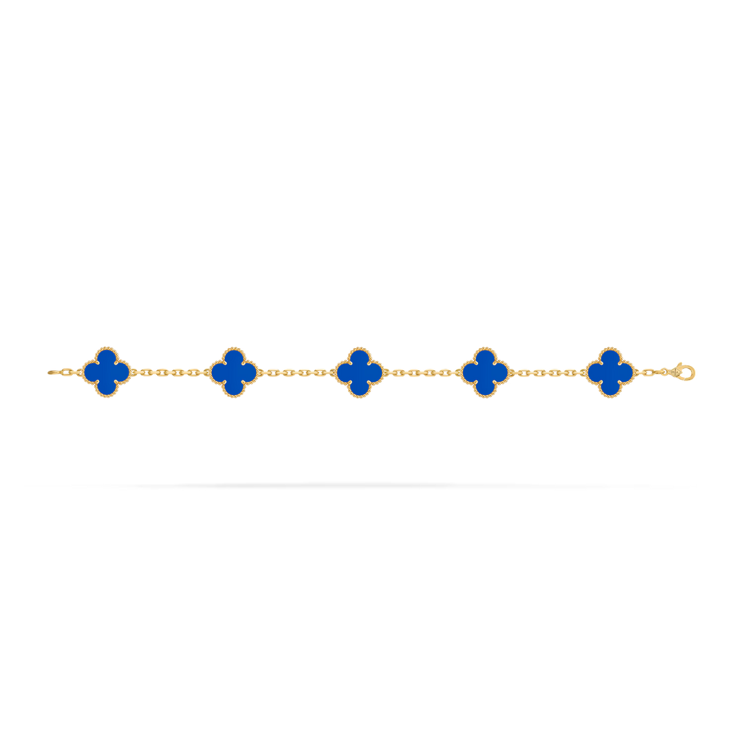 Van Cleef & Arpels Vintage Alhambra Bracelet 5 Motifs in 18K Yellow Gold with Blue Agate