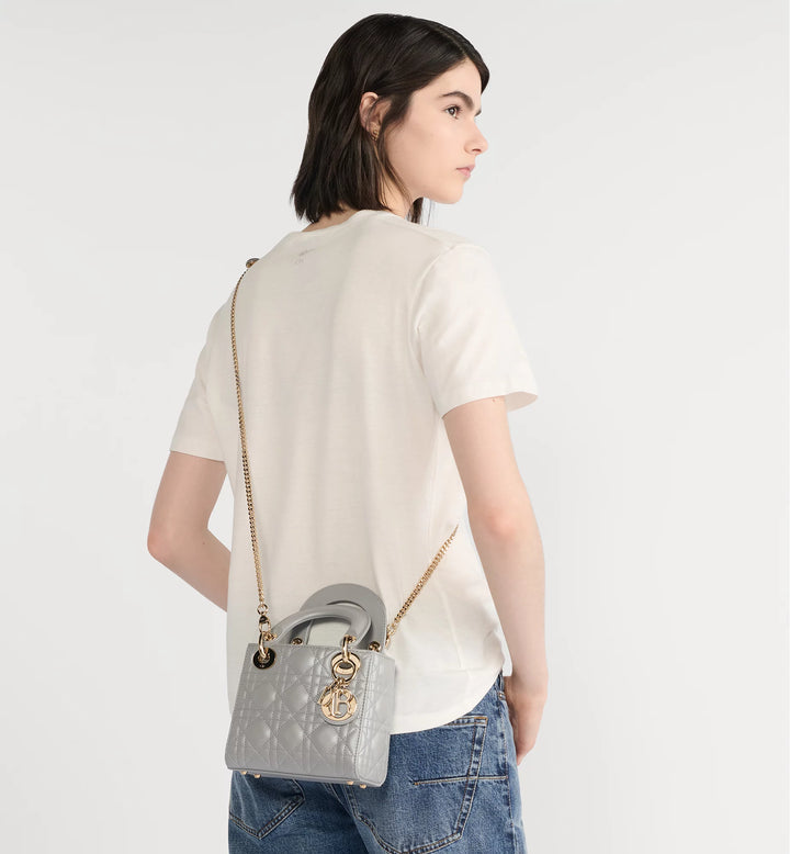 Dior My Dior Mini Top Handle Bag Opaline Gray Pearlescent Cannage Lambskin with Gold-Finish Metal