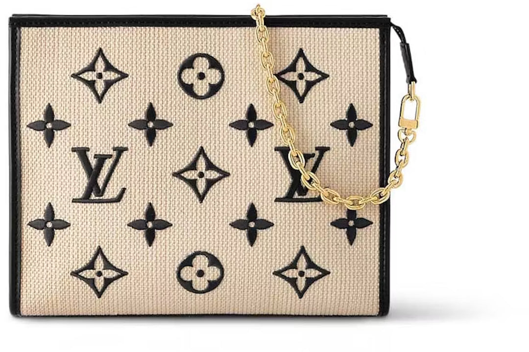 Louis Vuitton Toiletry Pouch on Chain in Black Leather and Beige Raffia